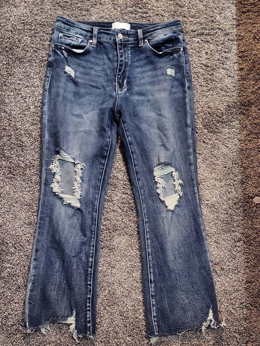 PETRA153 Dark Blue Distressed Women's Jeans - Frayed Knee Detail